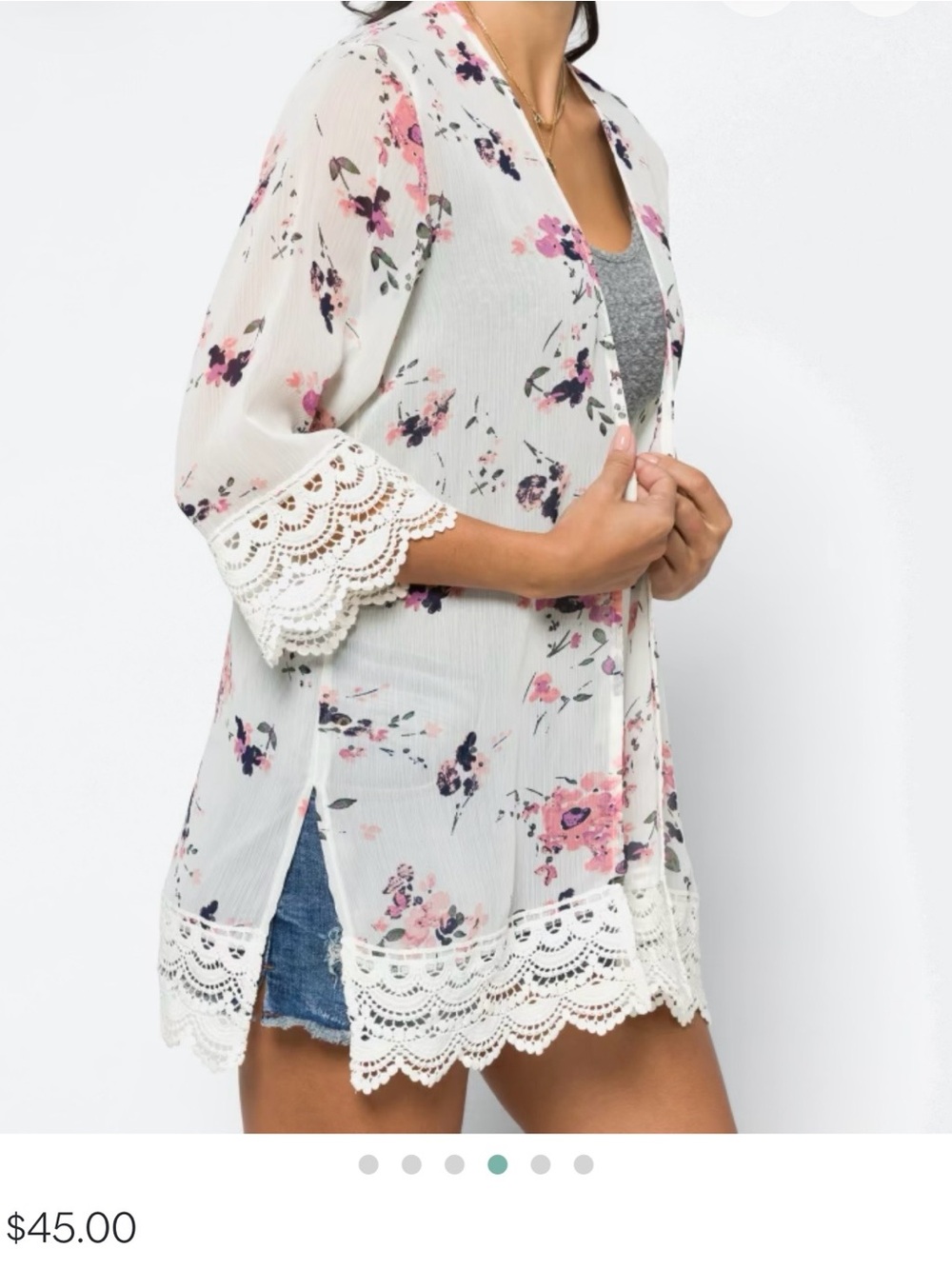 Floral Lace-Trim Open Front Kimono - Ivory with Pink Floral
